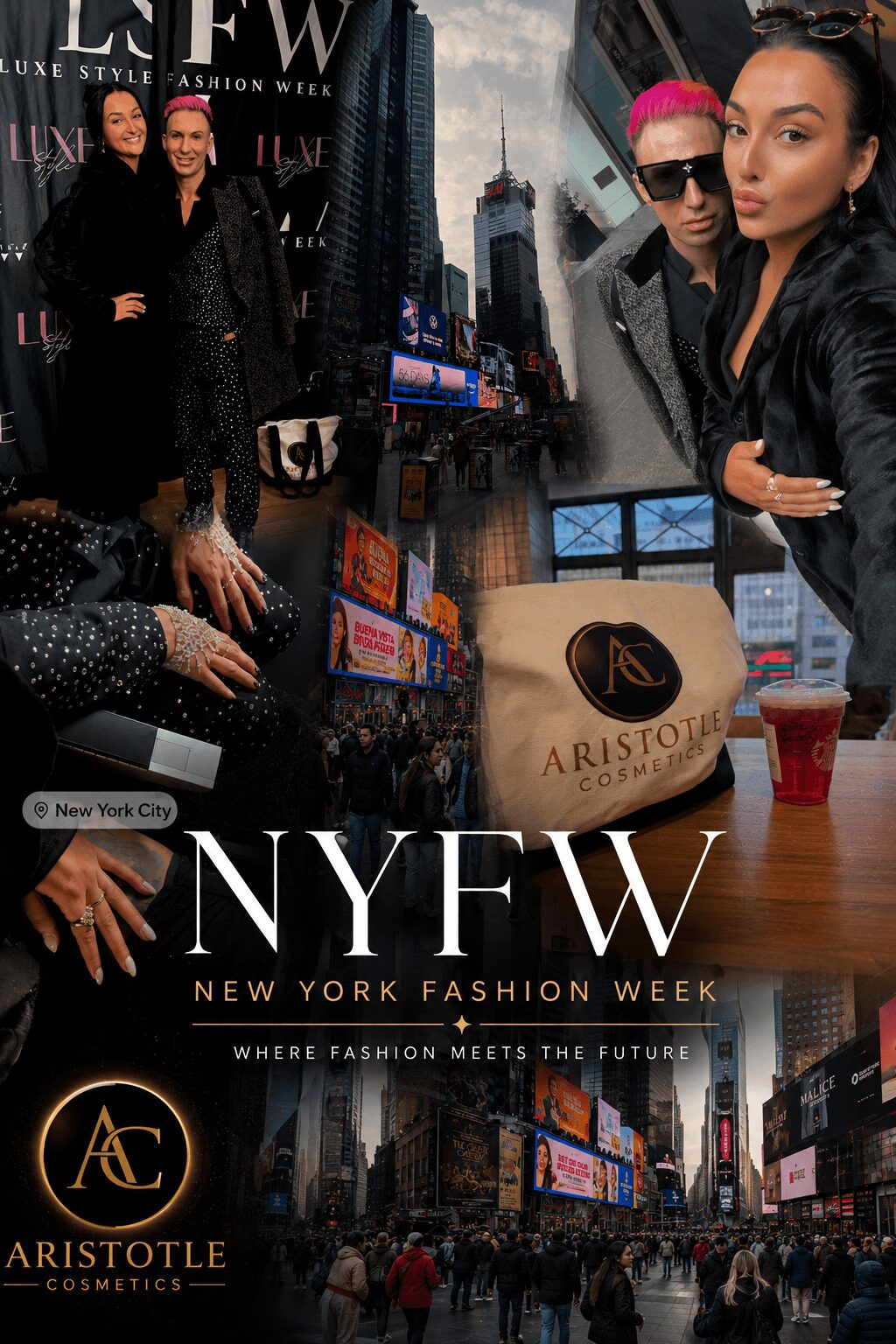 Group of people at New York Fashion Week with cityscape background, Times Square, and illuminated billboards, some holding drinks and bags.