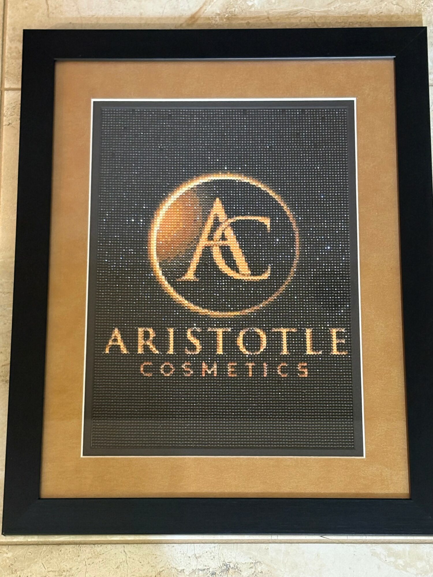 Framed logo for Aristotle Cosmetics with a black border and beige mat, featuring a circular design and text.