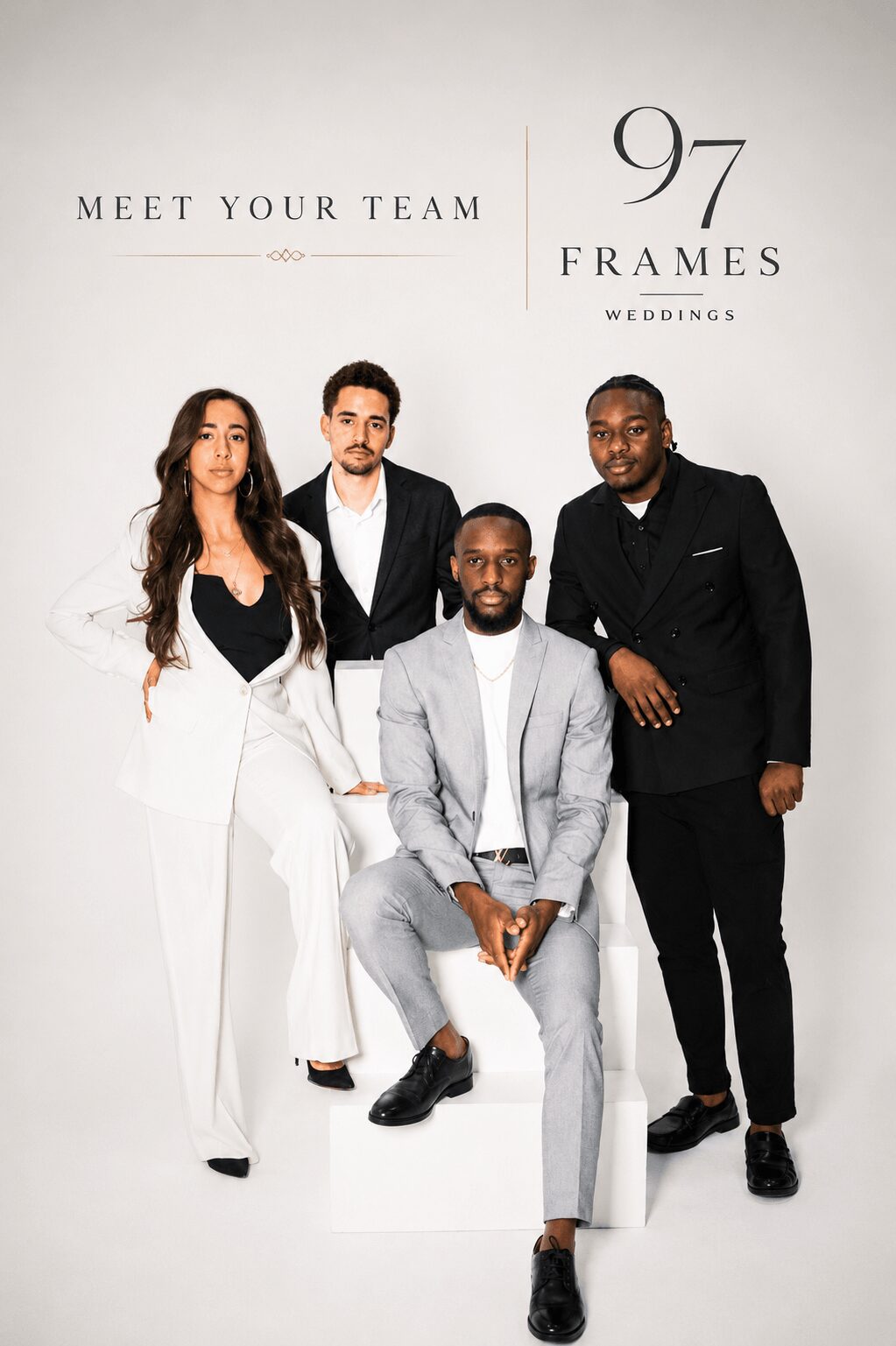 Four people dressed in formal attire pose against a white background, with text about wedding frames and team introduction.