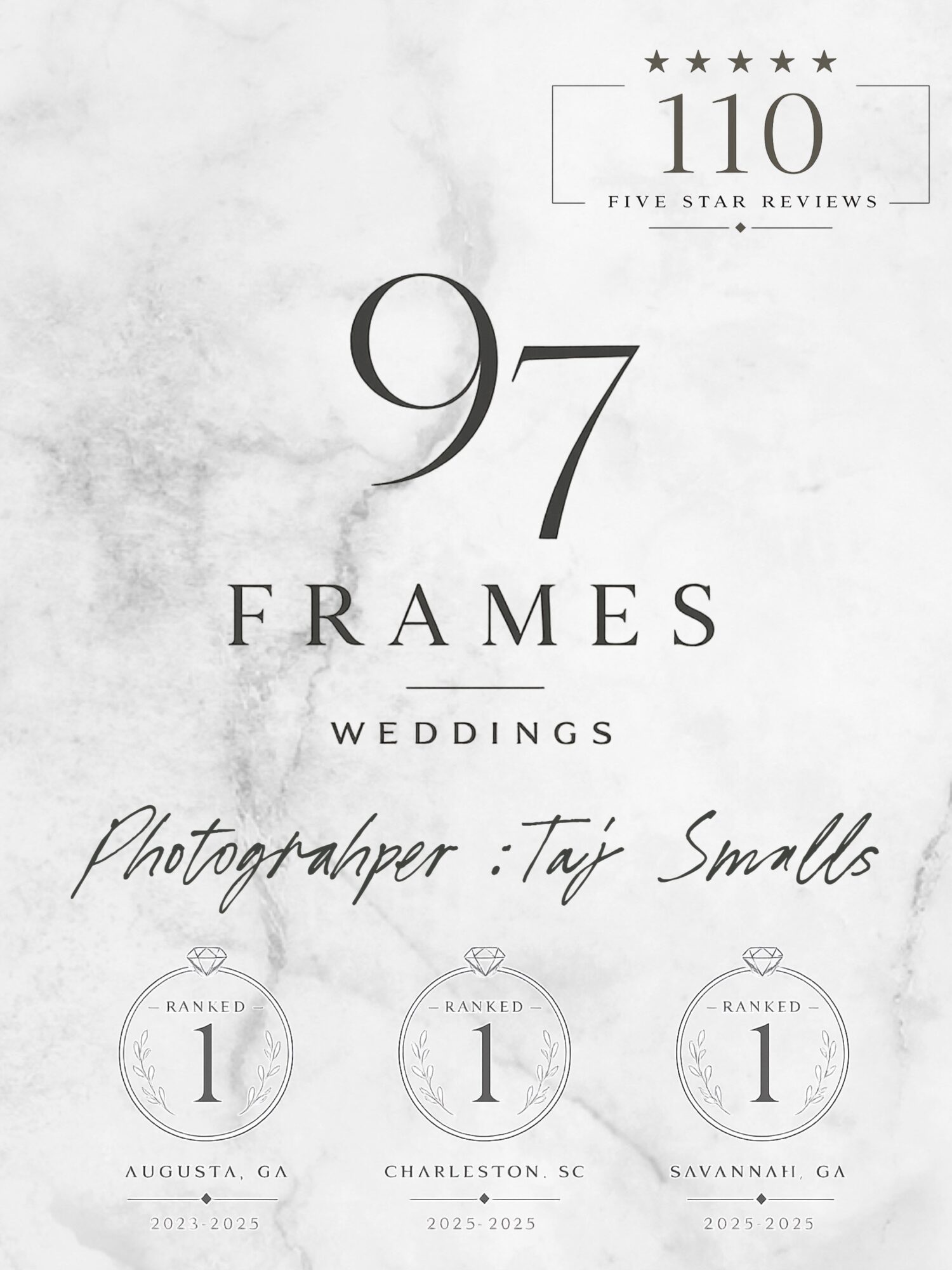 Elegant wedding frame display with text, ratings, and photographer's name on a light background.