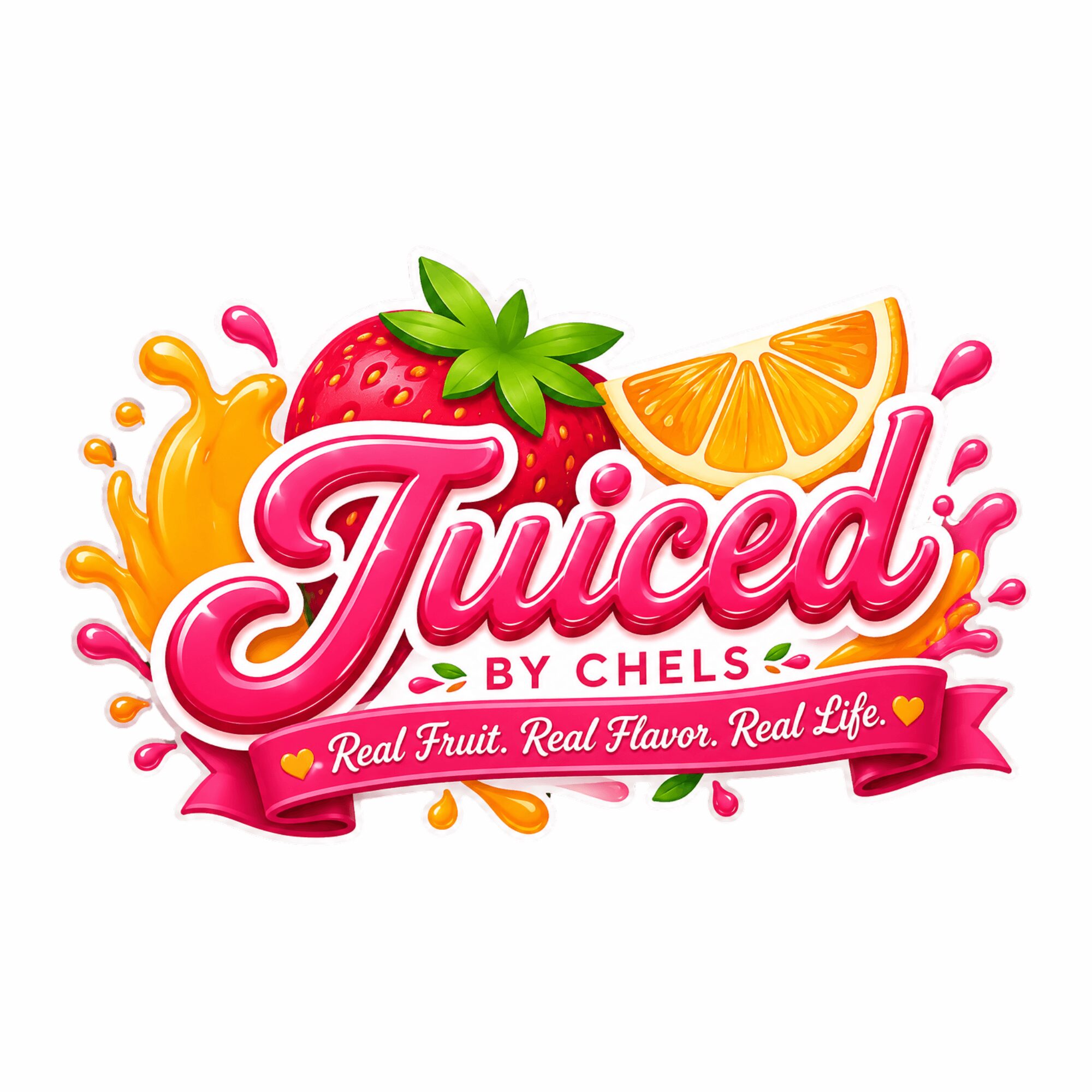 Logo with a strawberry, orange slice, and colorful splashes, featuring the text 'Juiced by Chels' and a pink banner.