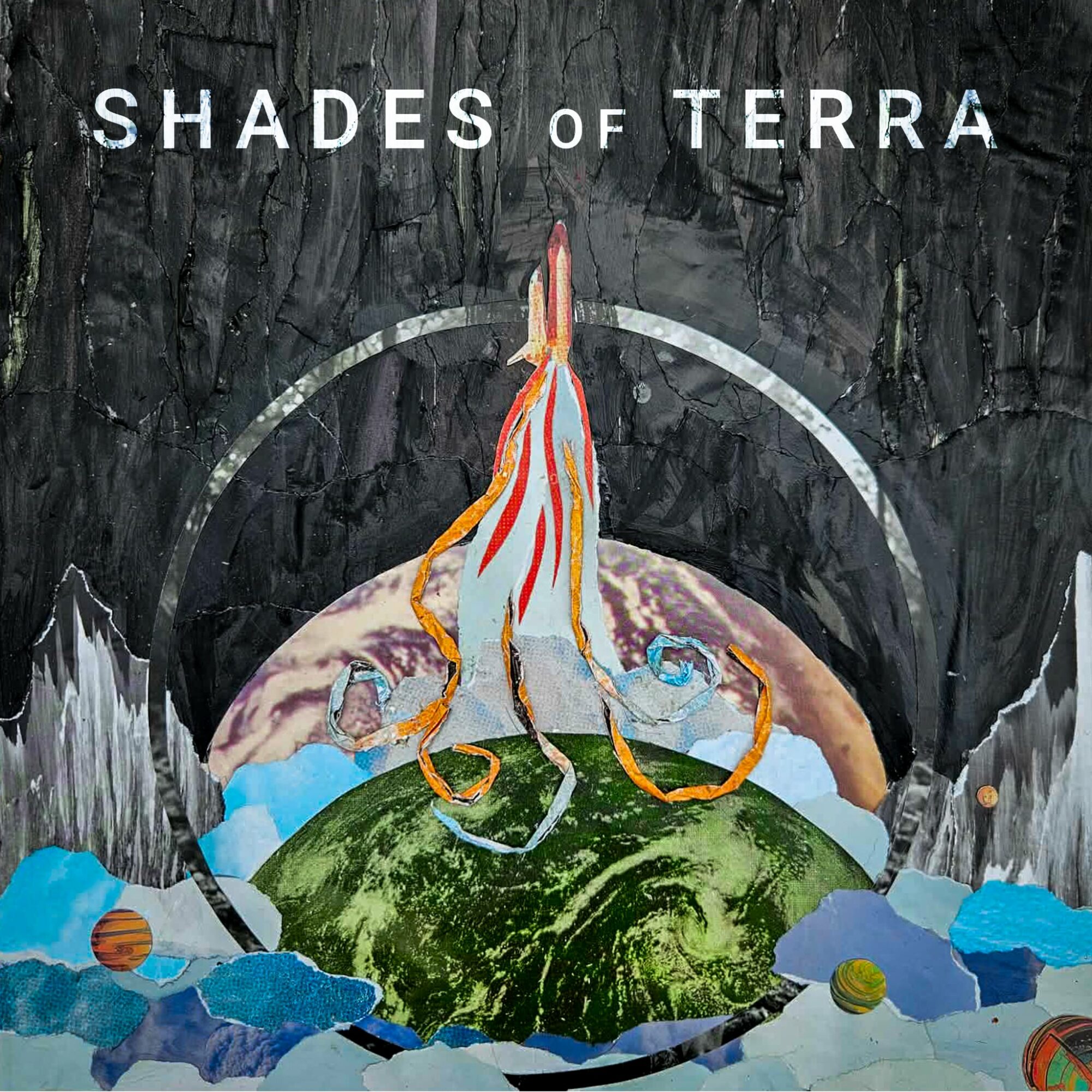 Cover art for 'Shades of Terra' featuring a stylized illustration of a rocket launching from a green planet with mountains and water, against a dark background.