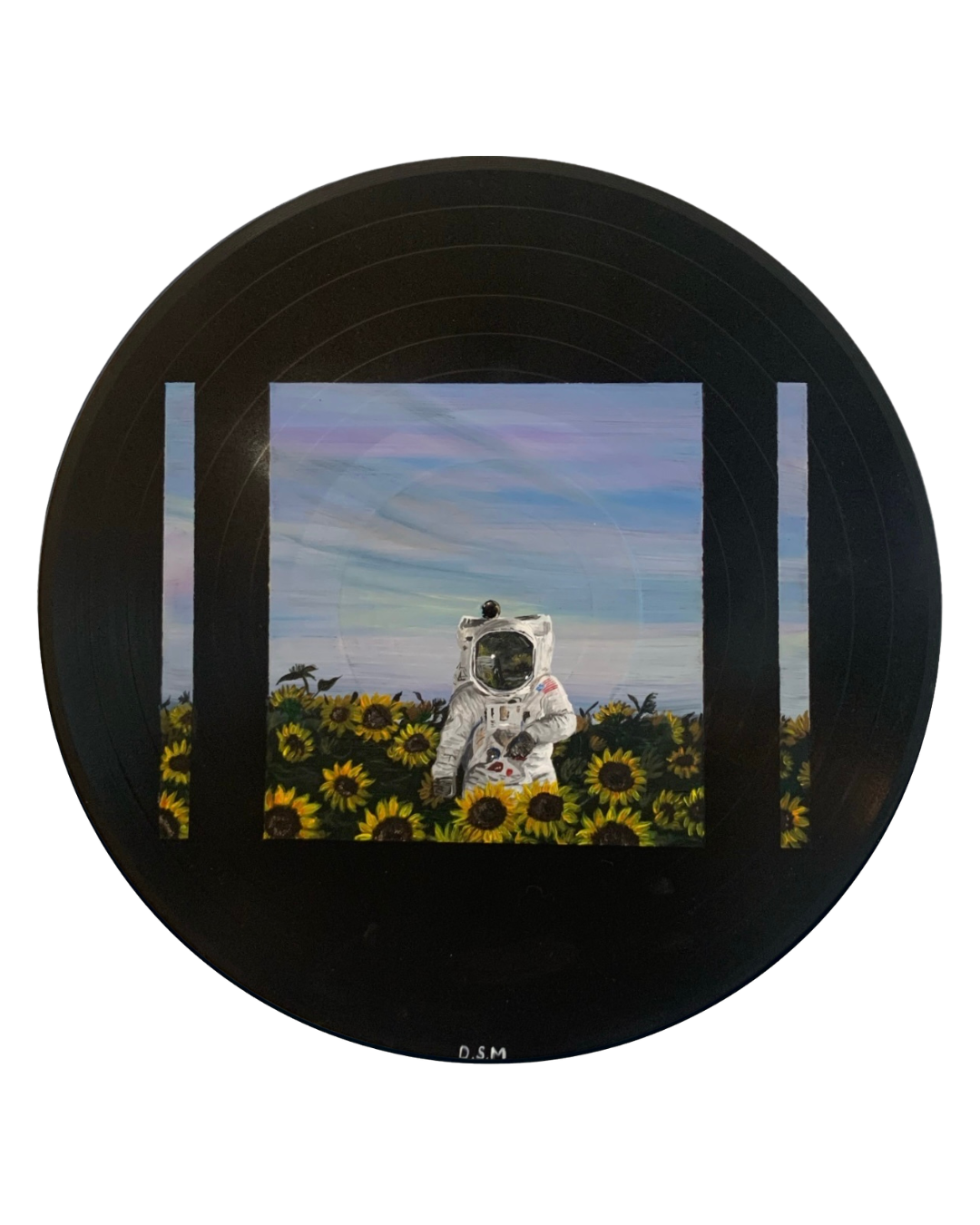 Person in a spacesuit sitting among sunflowers with a sky background, framed by a circular black border.