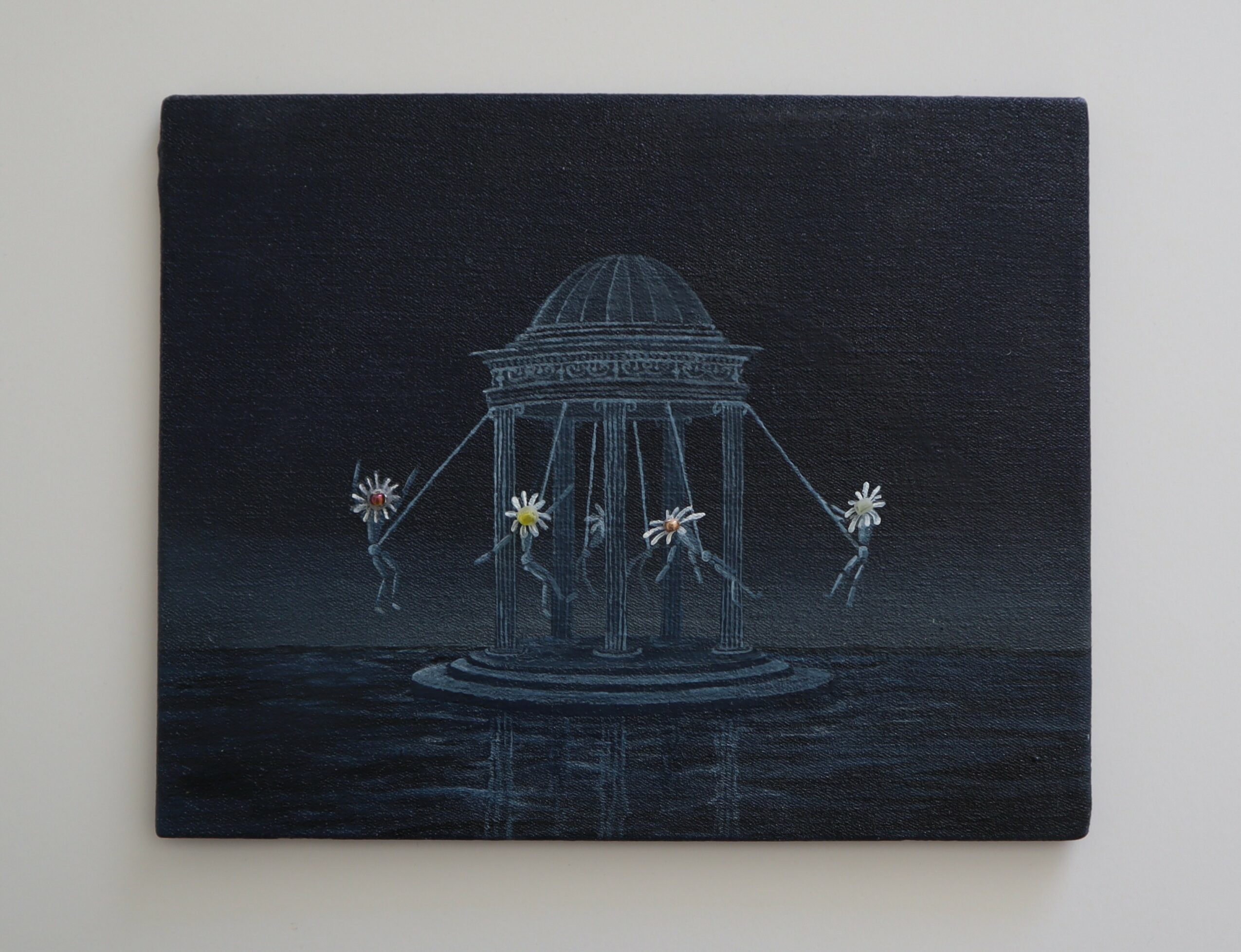 Painting of a fountain with a domed top, surrounded by flowers, reflected in water, on a dark background.