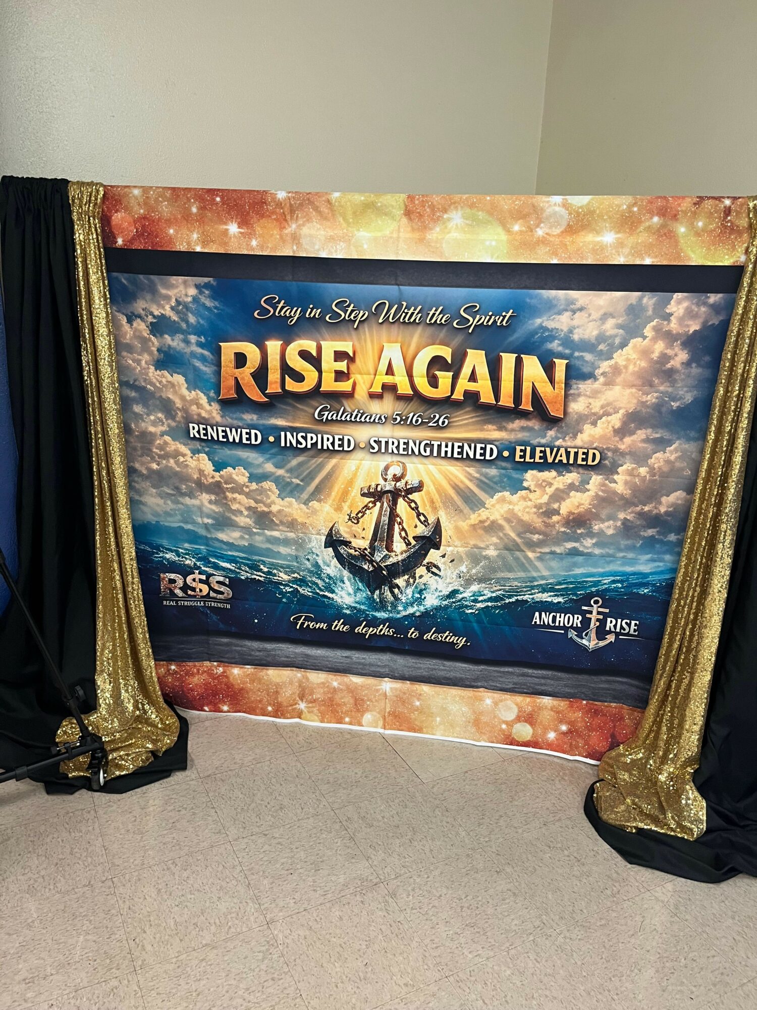 Promotional poster for a show titled 'Sky & Sea Adventure: Rise Again' with an anchor and ocean scene, gold and black drapes.