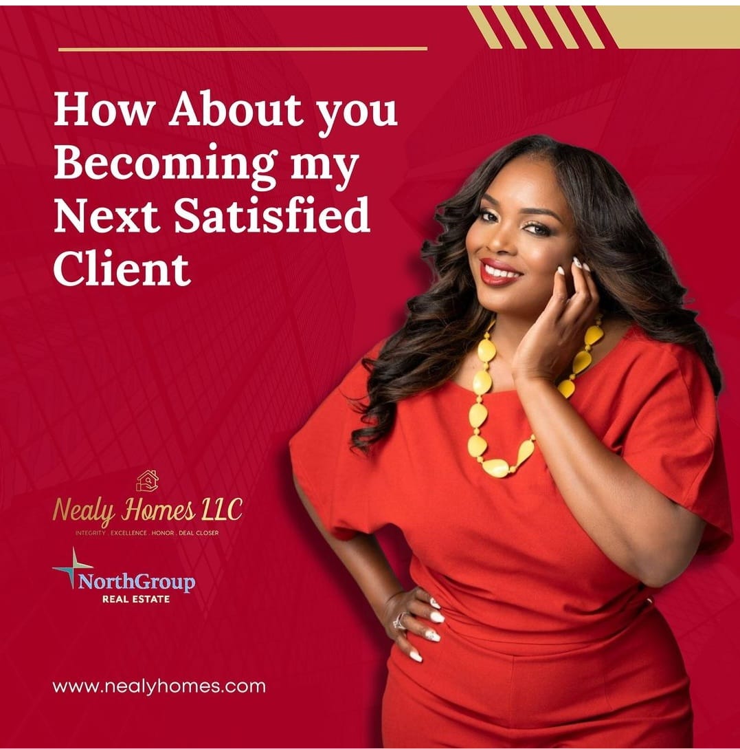 Woman in red dress smiling, touching her face, with text about becoming a satisfied client, company logos, and website.