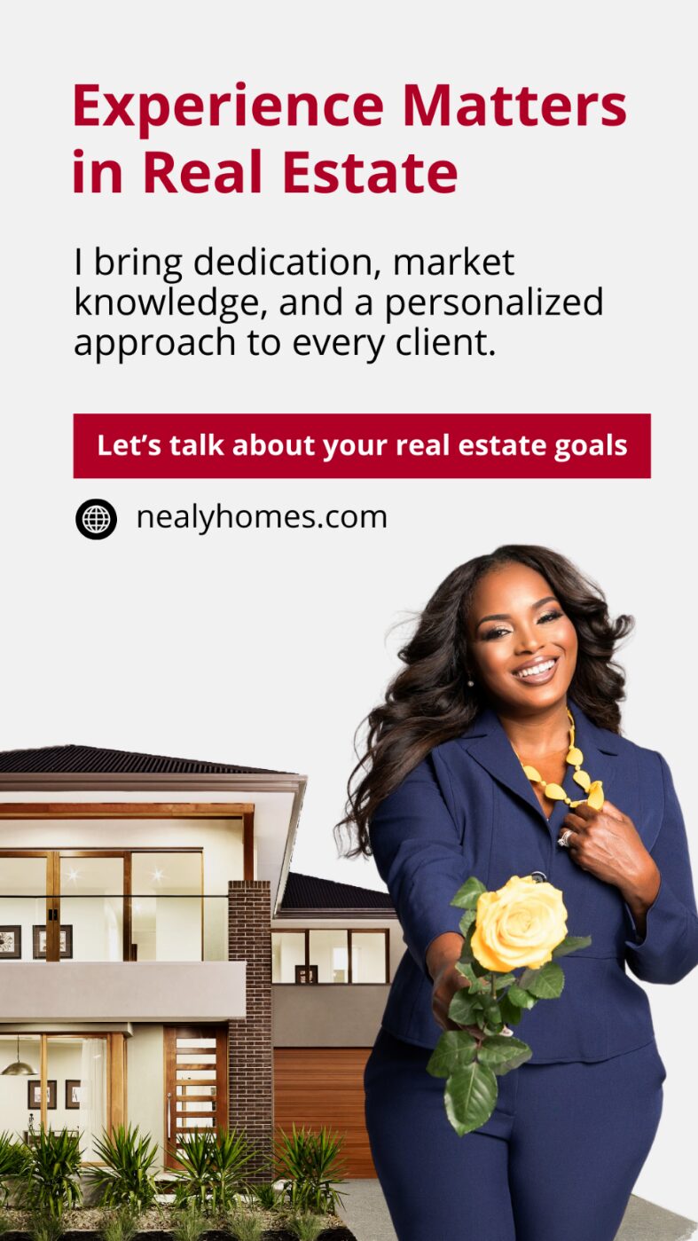 Woman in blue suit holding a yellow rose, standing in front of a modern house, smiling, with text about real estate experience.