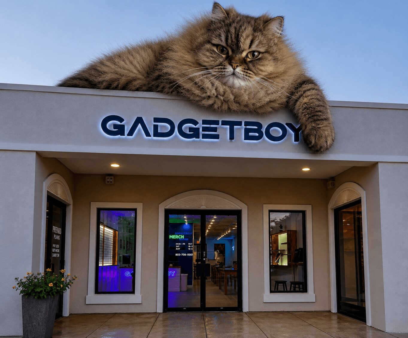 Large cat lying on top of a store with a sign that reads GADGETBOY, storefront with glass doors and windows, and potted plant outside.