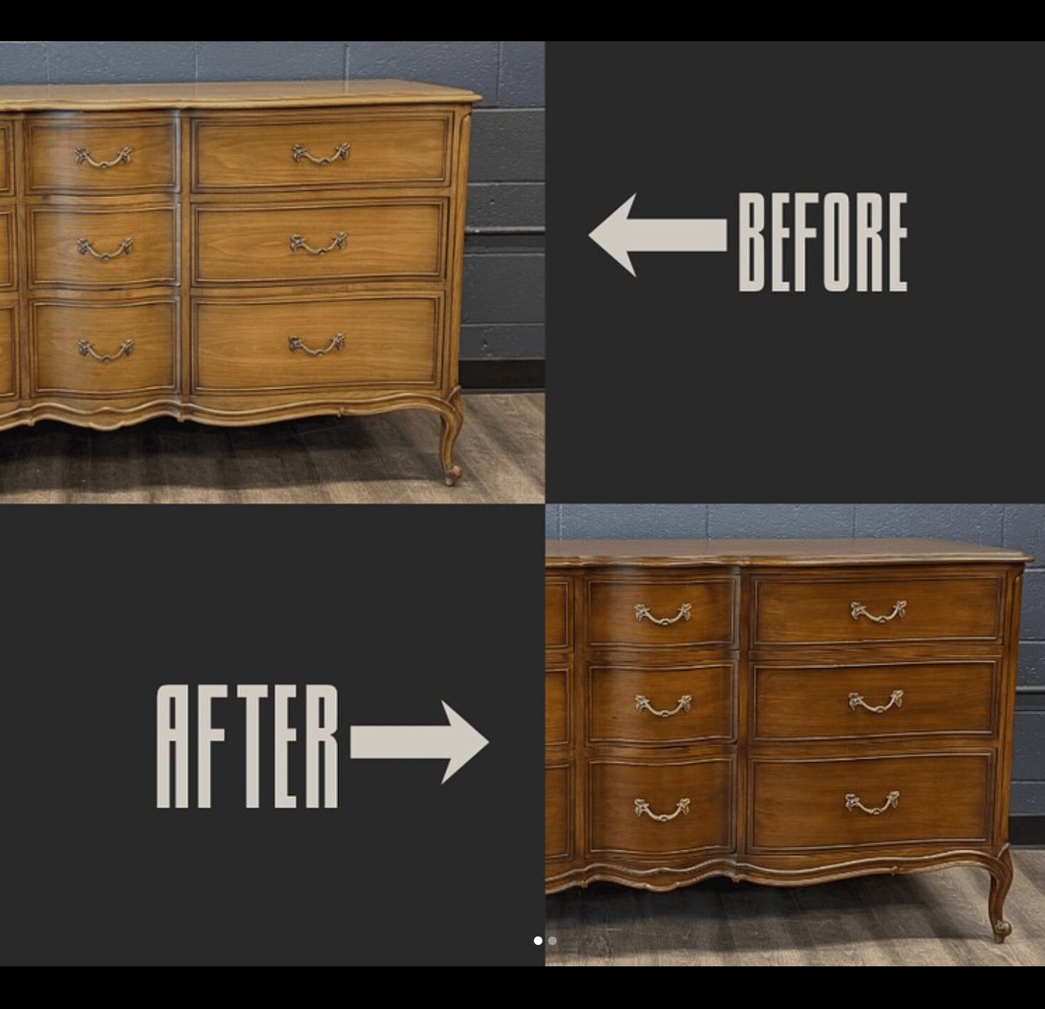 A wooden dresser before and after refinishing, showing a change in color and appearance, with labels indicating the sequence.