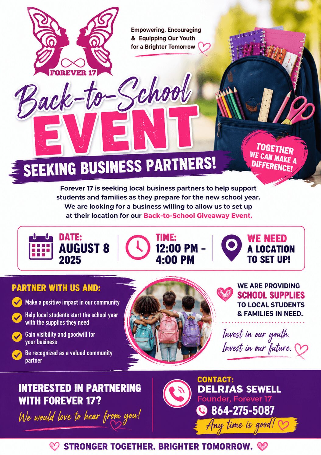 Flyer for back-to-school event with butterfly logo, event details, and images of school supplies and children.