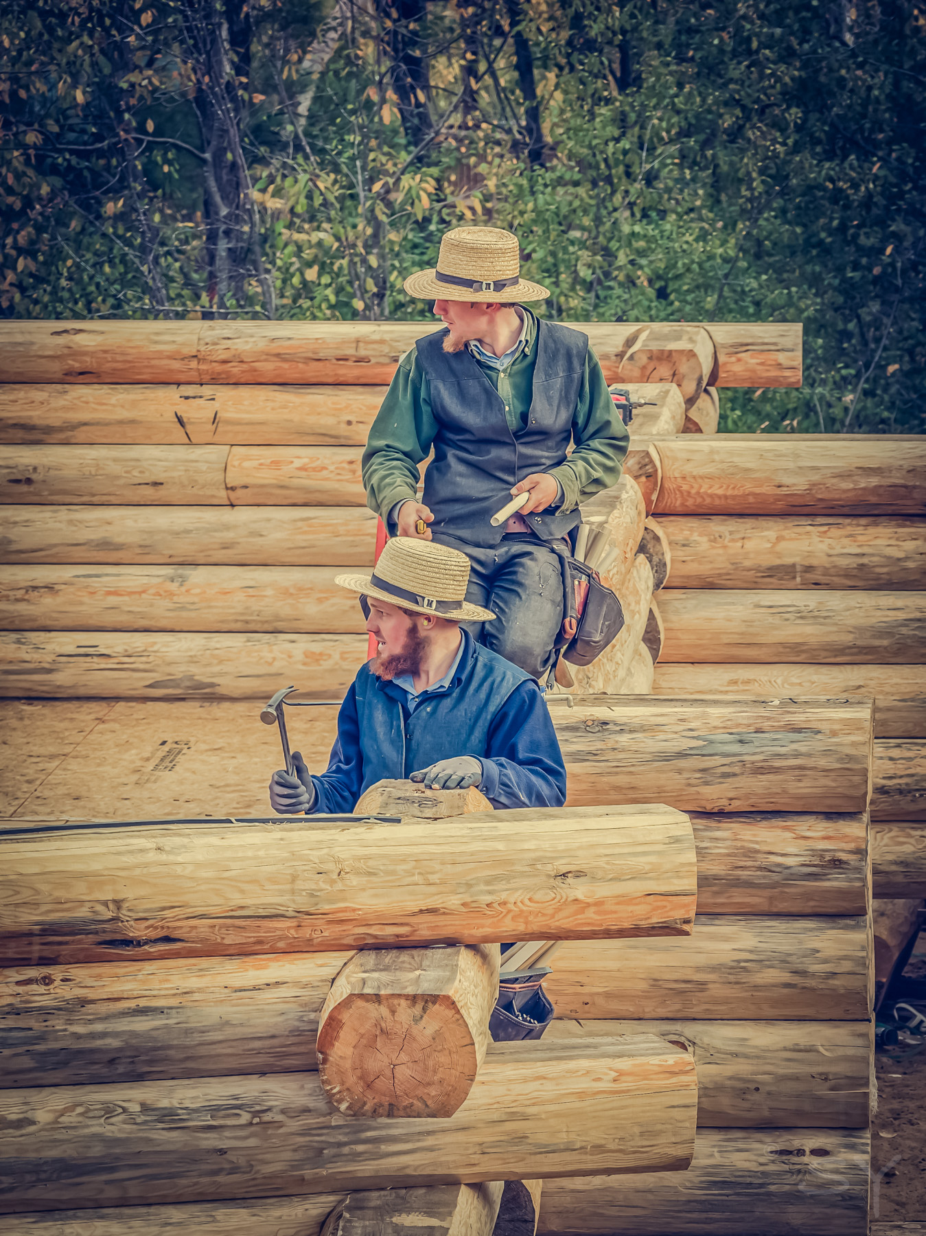 Two people wearing hats and blue jackets working on a log structure outdoors, with trees in the background.