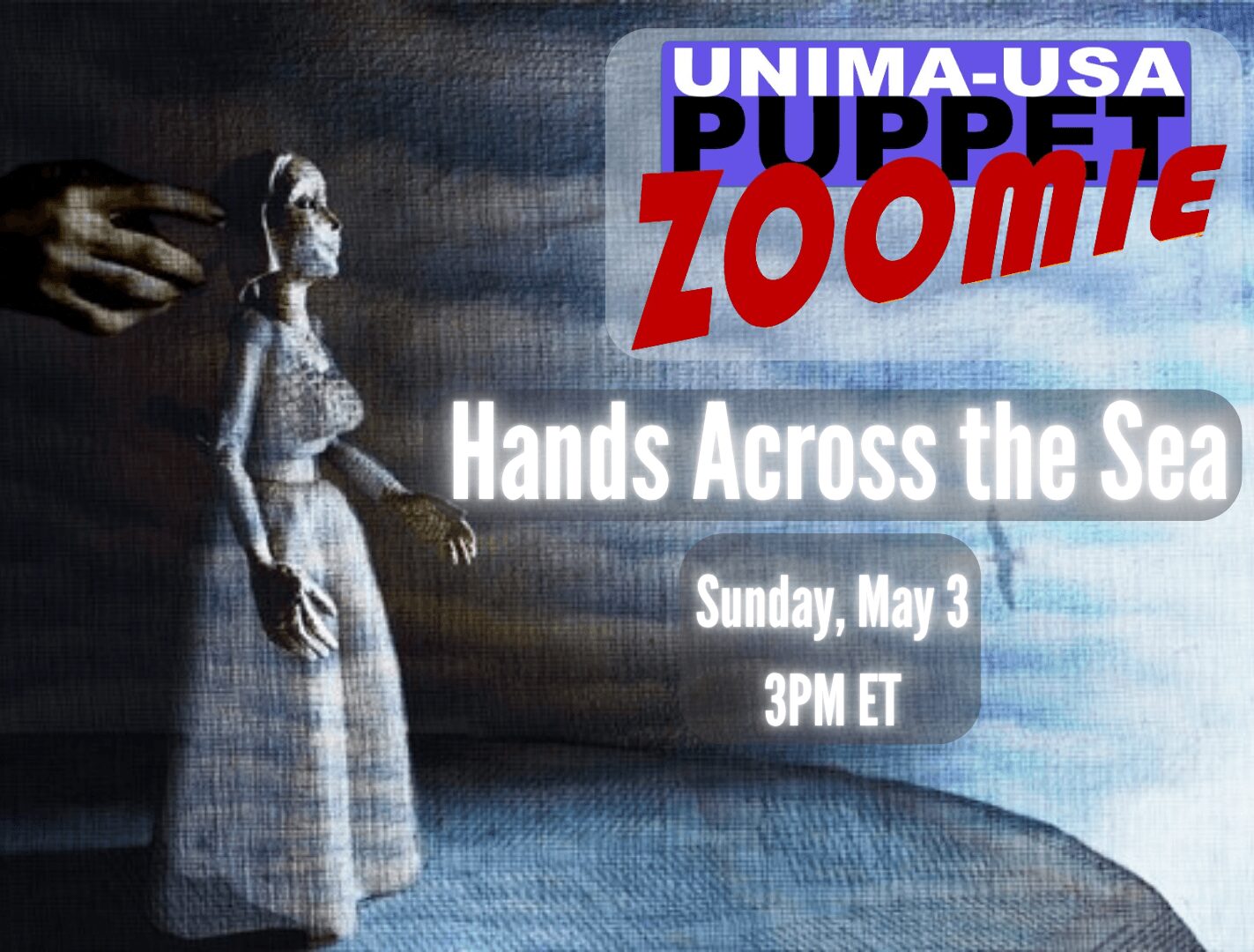 A puppet with a dress and long hair is held by a hand on the left side, with text about an event on the right.