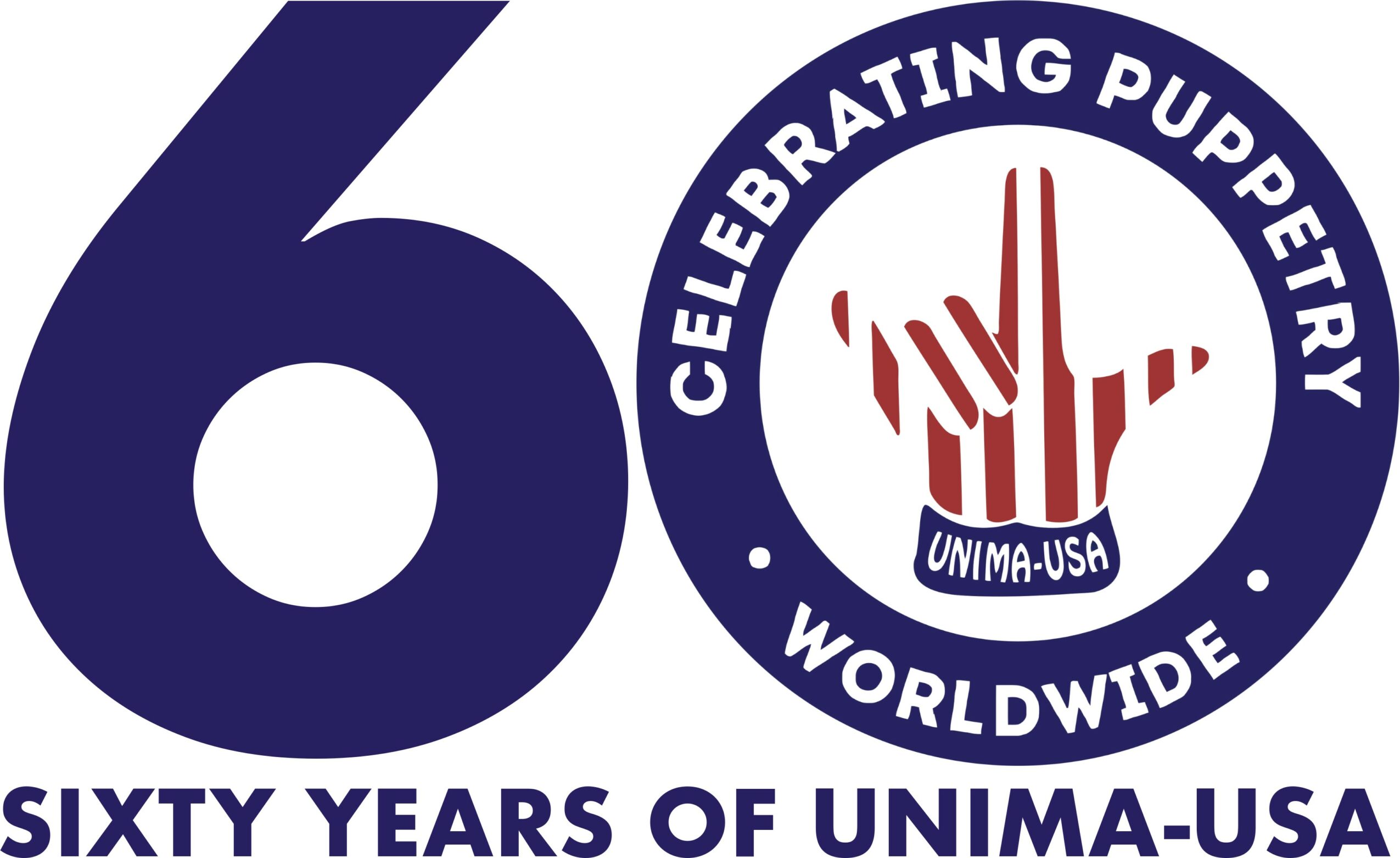 Logo celebrating sixty years of UNIMA-USA, featuring a hand making a puppet sign, with text and a circular border.