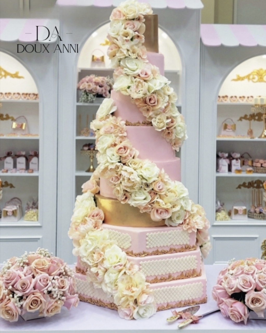 Tall pink and beige tiered cake decorated with cascading white and pink roses, displayed on a table with flower bouquets.