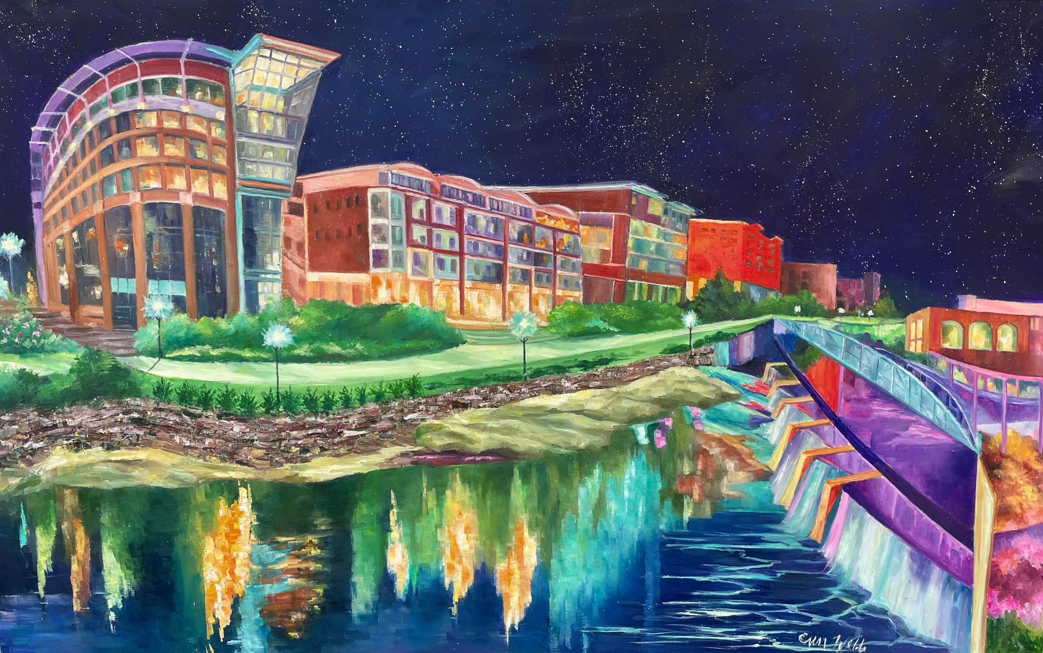 Night scene of colorful buildings along a river with a bridge, reflecting in the water, under a starry sky.