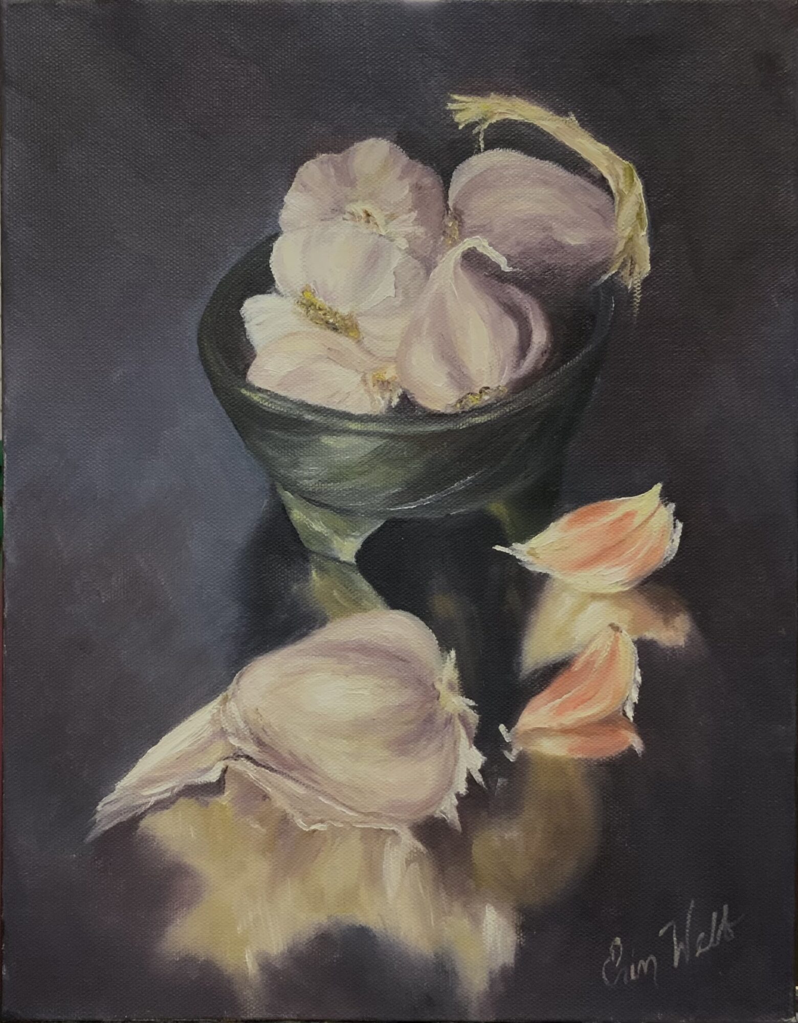 A still life painting of a black bowl with white and pink flowers, some petals scattered nearby, on a reflective surface.