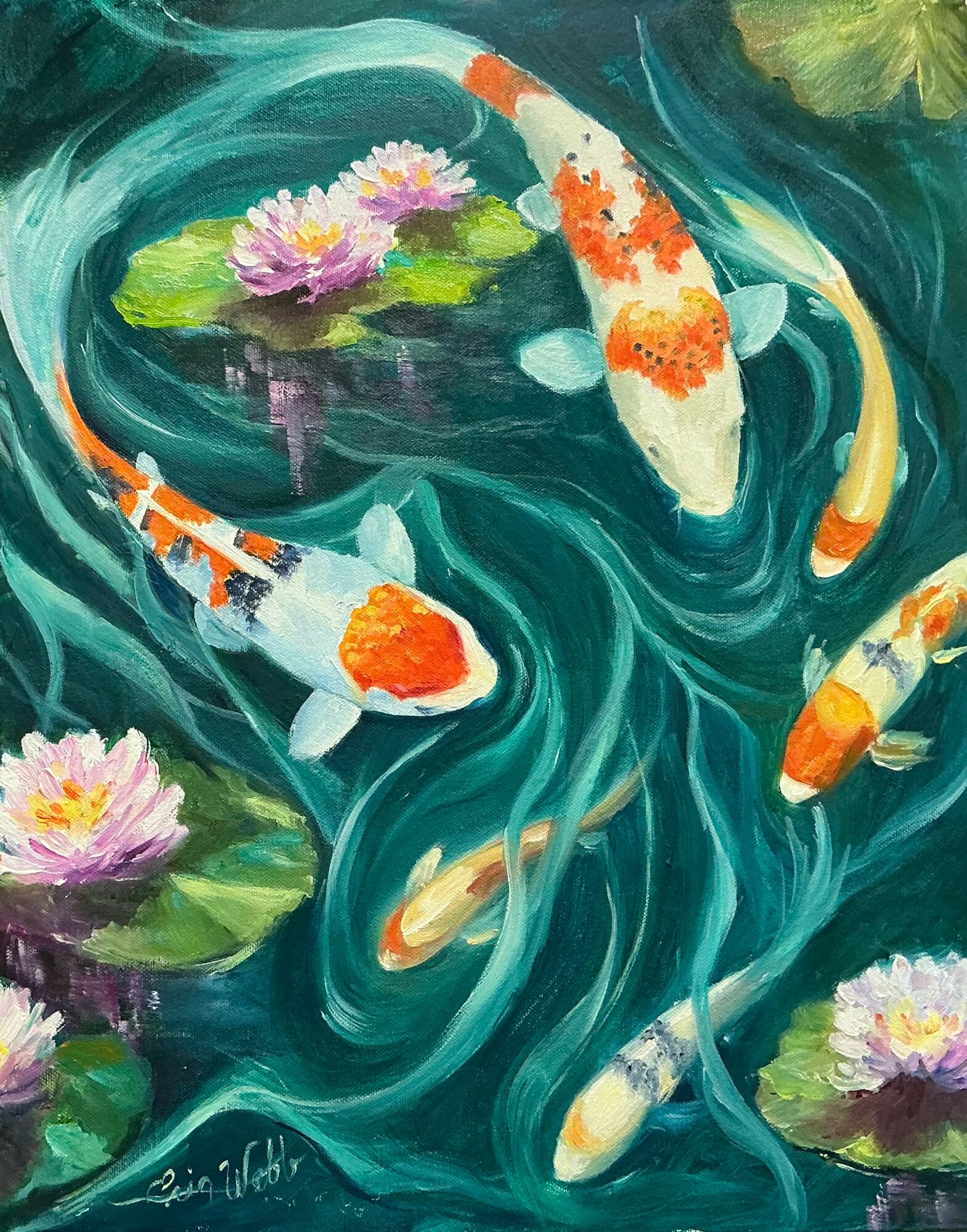 Colorful koi fish swimming in a pond with water lilies and green leaves, vibrant and lively scene.