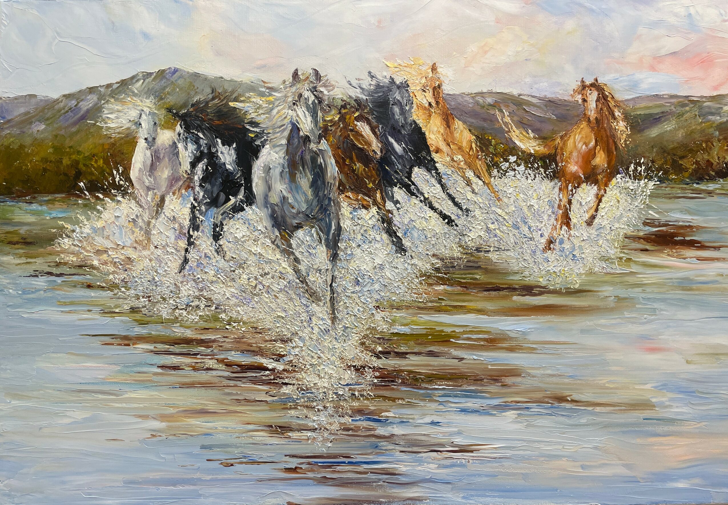 Six horses running through water with splashes, mountains in the background, painted in a realistic style.