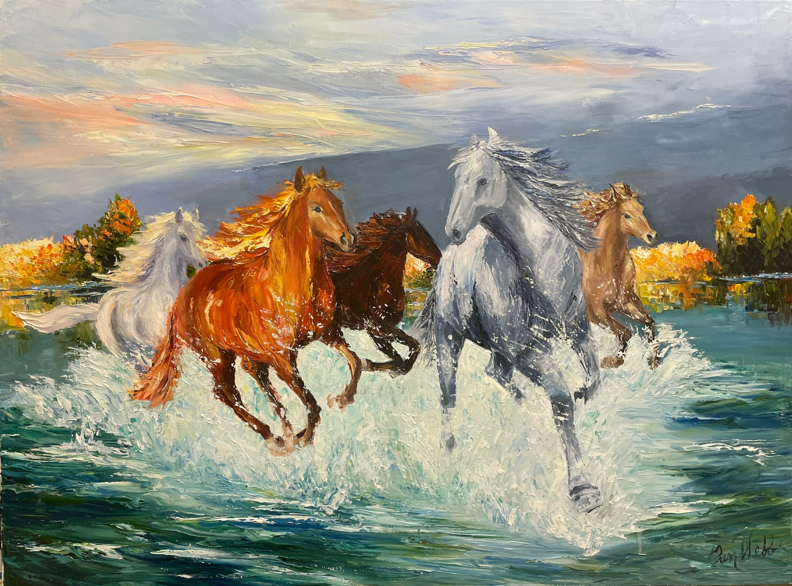 Six horses running through water with a colorful sky and trees in the background, painted in an impressionistic style.