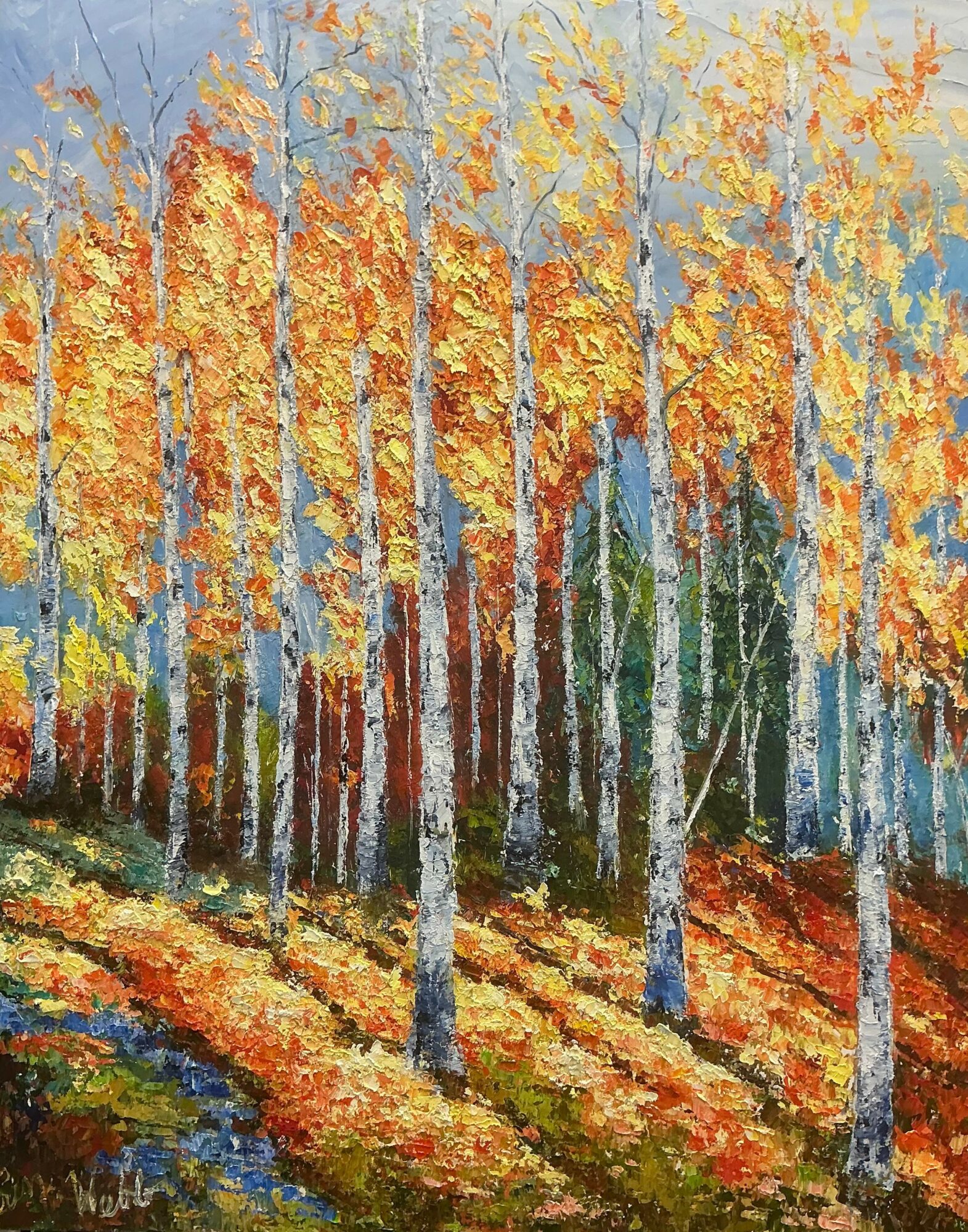 Autumn trees with orange and yellow leaves, casting shadows on the ground, in a colorful landscape painting.