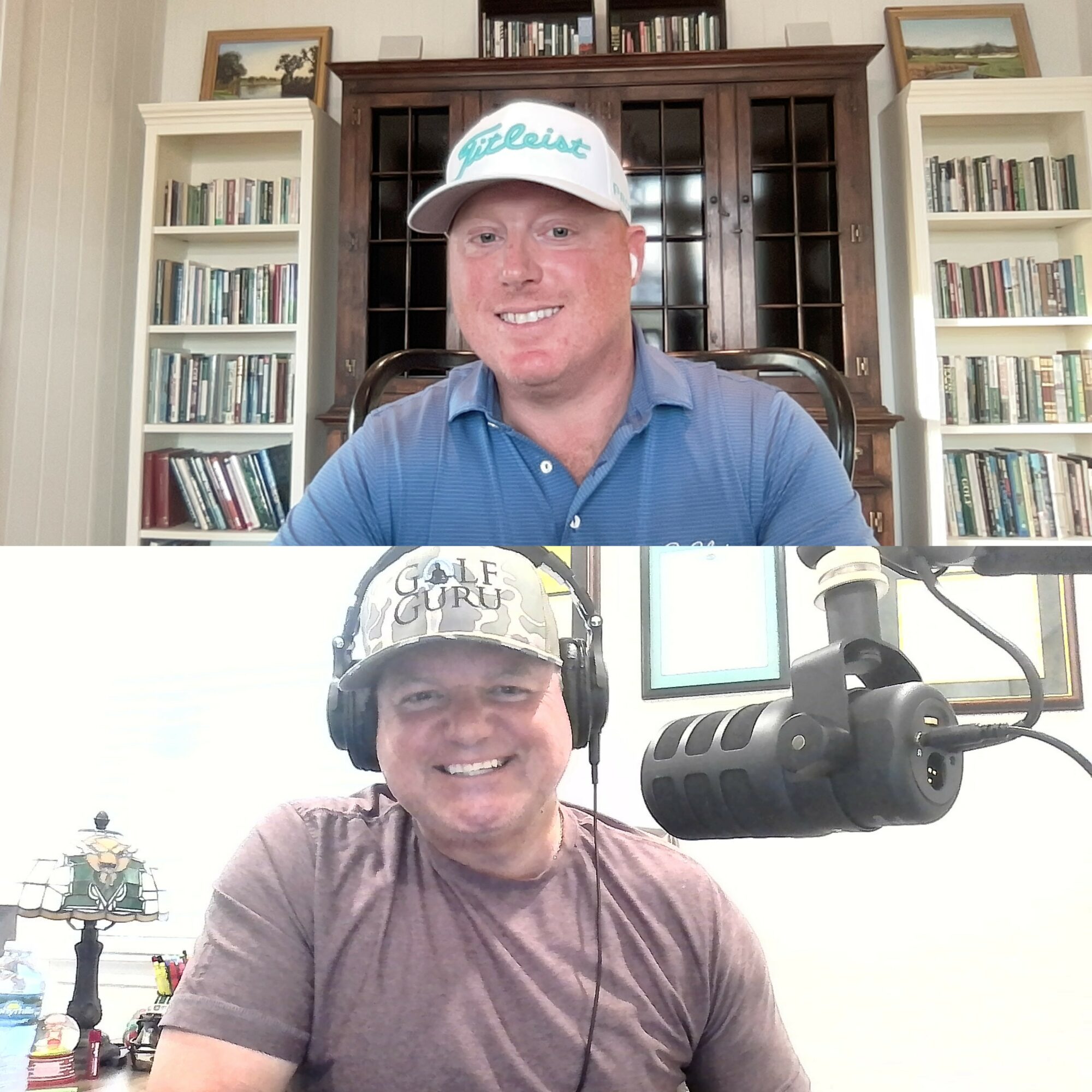 Two smiling men, one wearing a golf cap and the other a headset, in indoor settings with bookshelves and equipment.