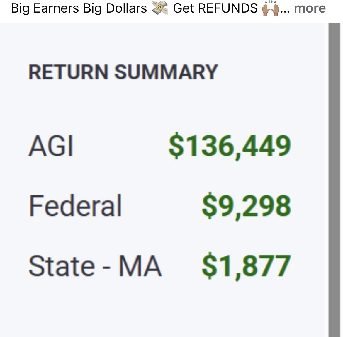Return summary showing amounts: AGI $136,449, Federal $9,298, State - MA $1,877.