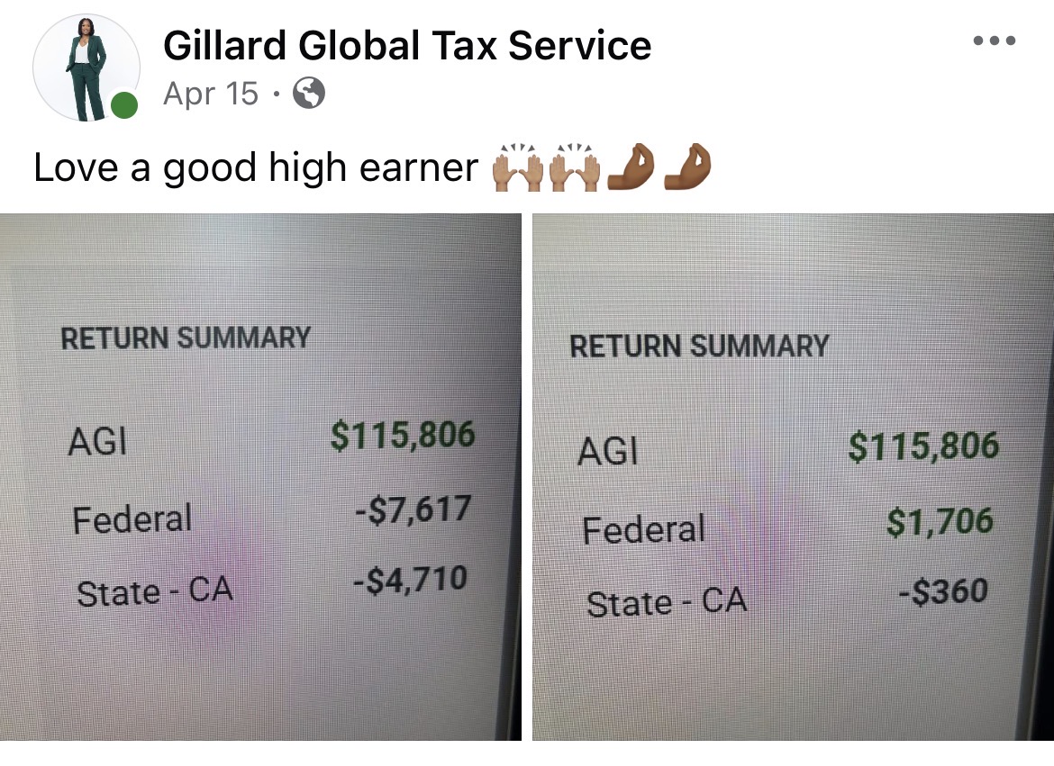 Two tax return summaries showing AGI of 115,806, with federal and state refunds or payments, on white paper.