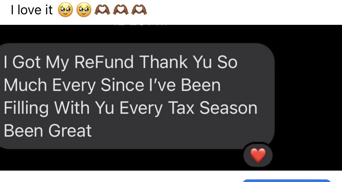 Text message expressing gratitude for a tax refund, with a heart emoji at the end.