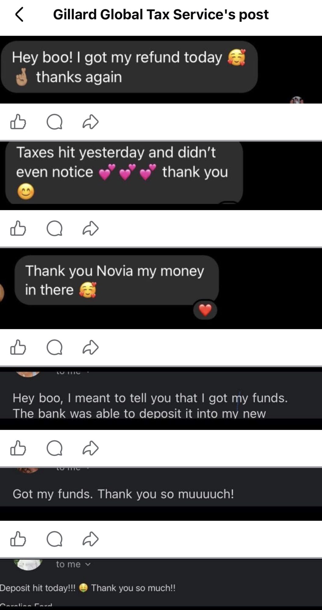 Screenshots of a social media post with messages about refunds, taxes, and funds, including emojis and thank you notes.