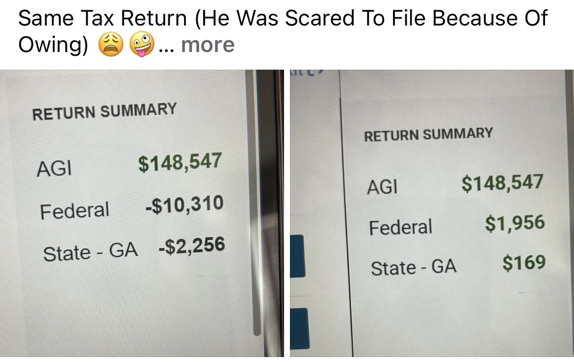 Two tax return summaries showing AGI of $148,547, with different federal and state refund amounts.
