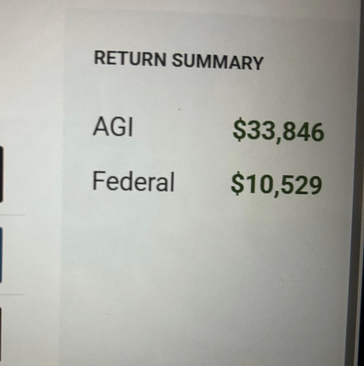 Return summary showing AGI of $33,846 and federal of $10,529, with text in black and green, on a white background.
