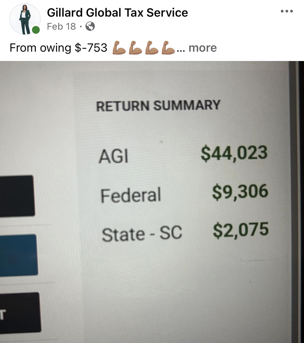Return summary showing AGI of $44,023, federal of $9,306, and state-SC of $2,075.