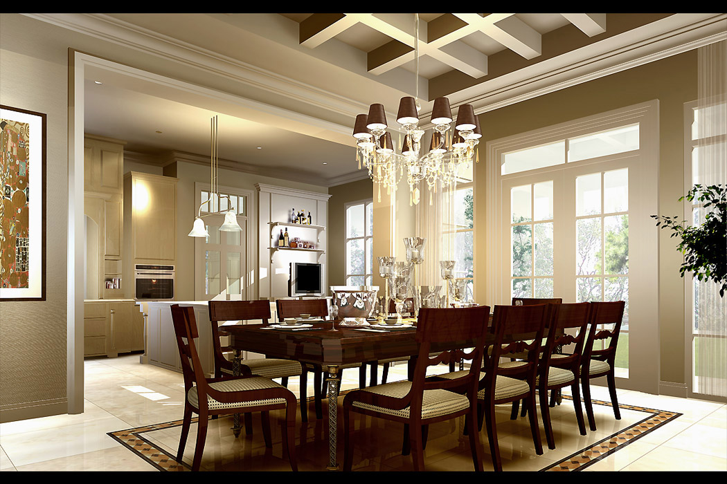 Dining room with a large table, eight chairs, chandelier, and large windows, connected to a kitchen area, bright and spacious.