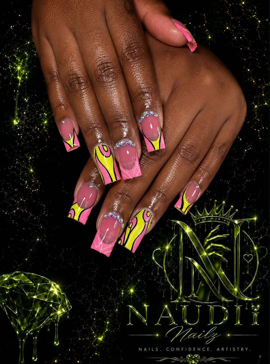 Hands with pink and yellow patterned nail art, set against a black background with green glowing elements and text.