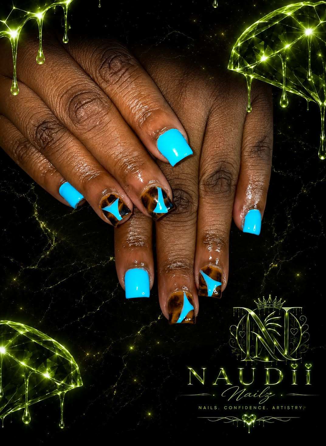 Hands with bright blue and black geometric patterned nail polish, surrounded by glowing green abstract shapes, on a dark background.