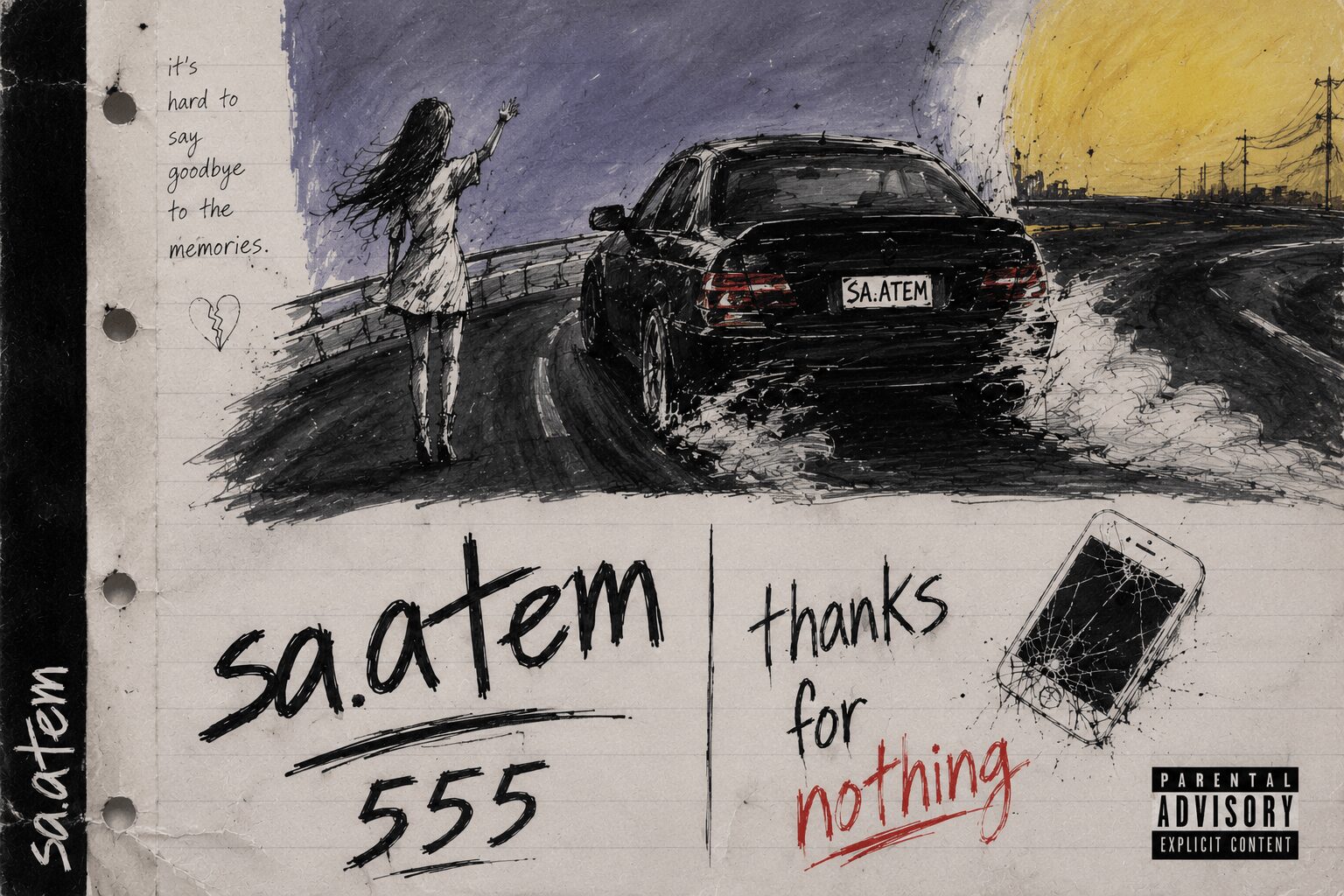 Person standing by a black car on a road at sunset, with handwritten text and a phone image, thanking for nothing.