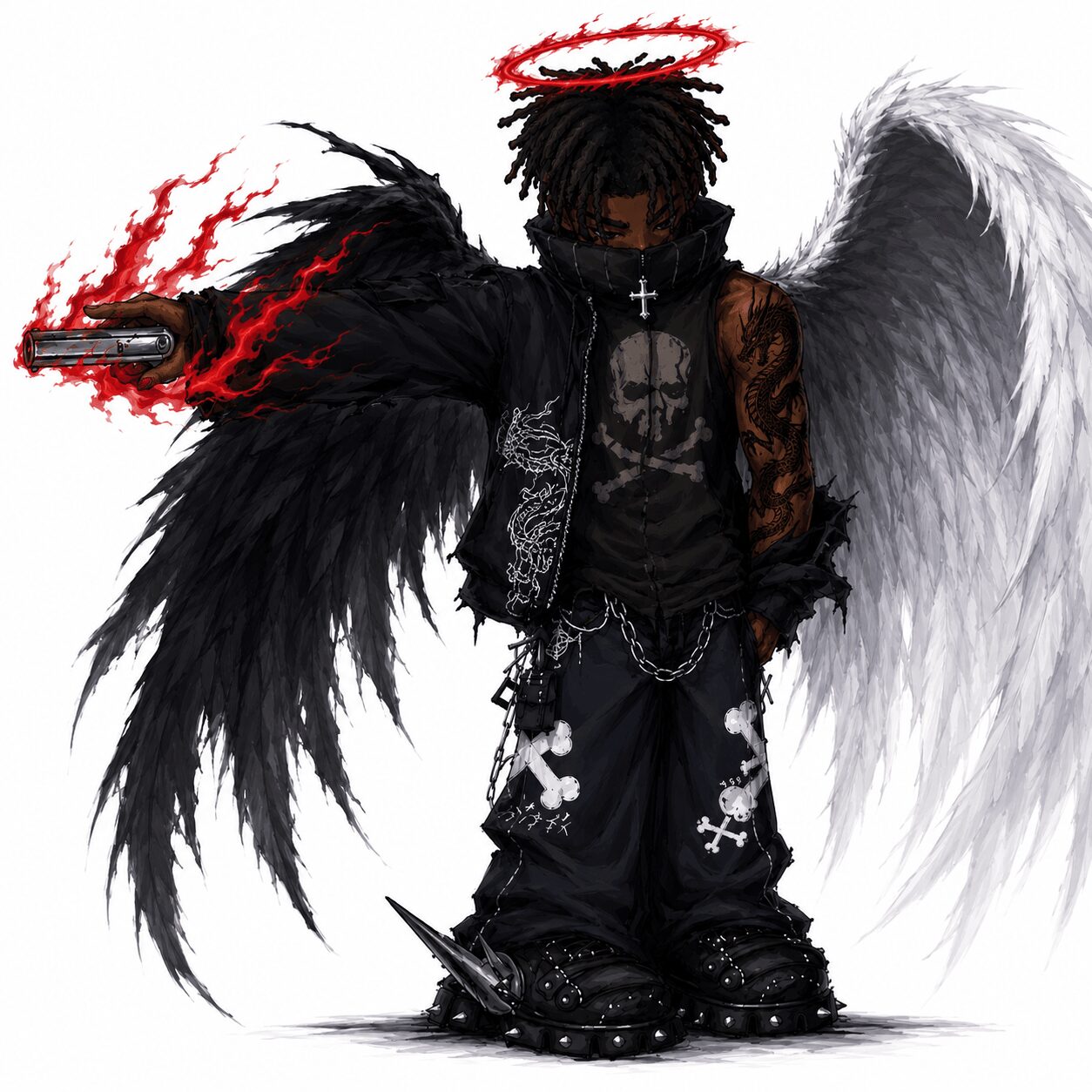 A character with black and white wings, wearing dark clothing, with a red halo and holding a weapon, standing on a white background.