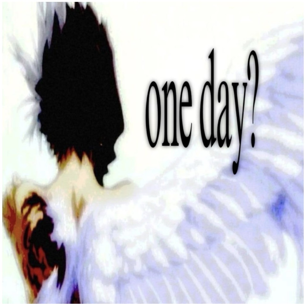 Silhouette of a person with wings and the text 'one day?' on a light background.