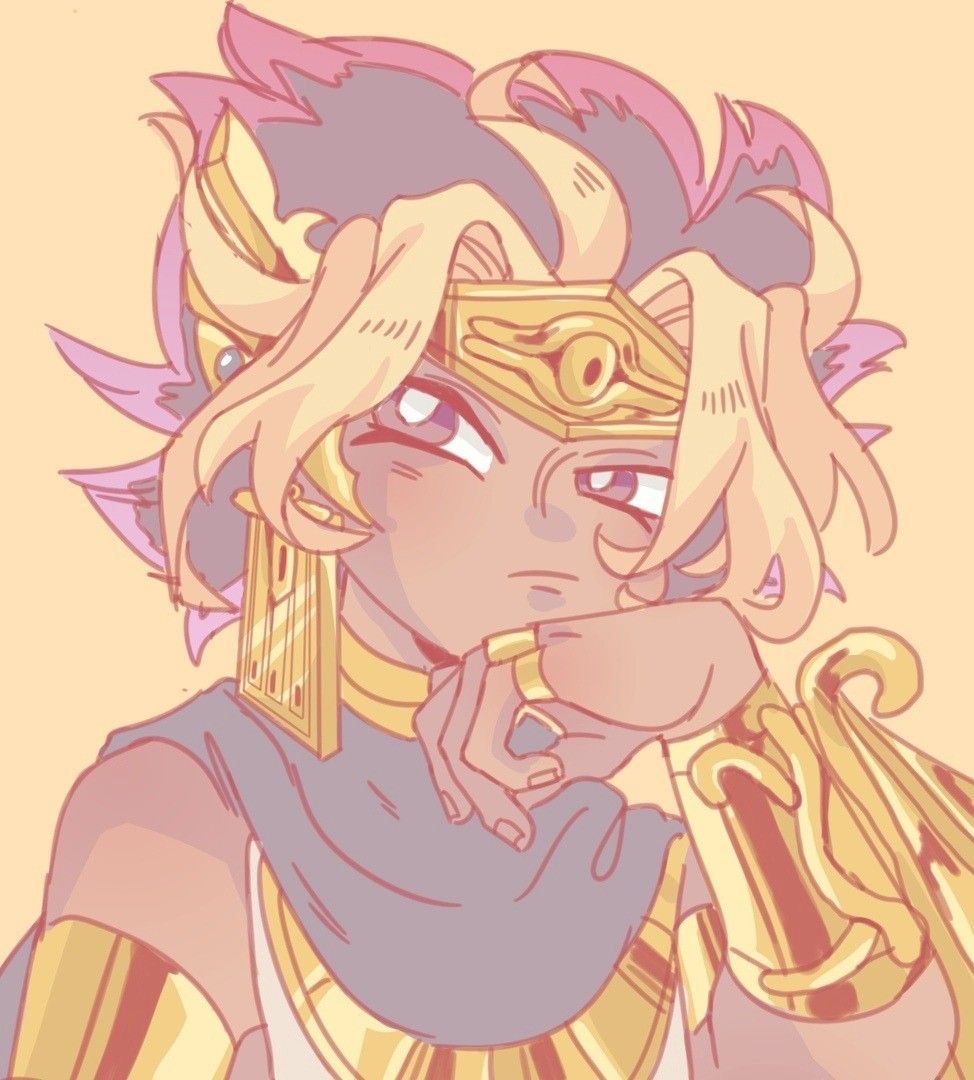 A character with animal ears and golden accessories, resting their chin on their hand, looking sideways with a serious expression.