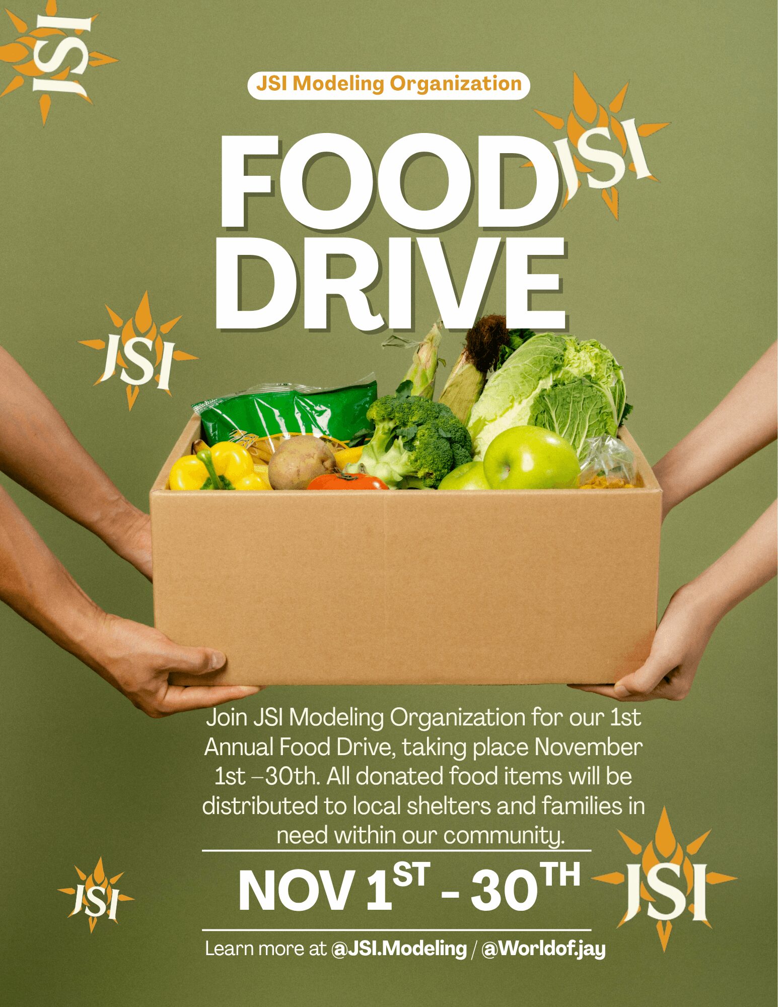 Two people hold a box of fresh vegetables and fruits for a food drive, with a green background and text about a food drive event.