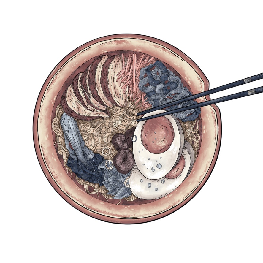 Cross-section of a human abdomen showing internal organs, with chopsticks holding a piece of food. Word count: 20.