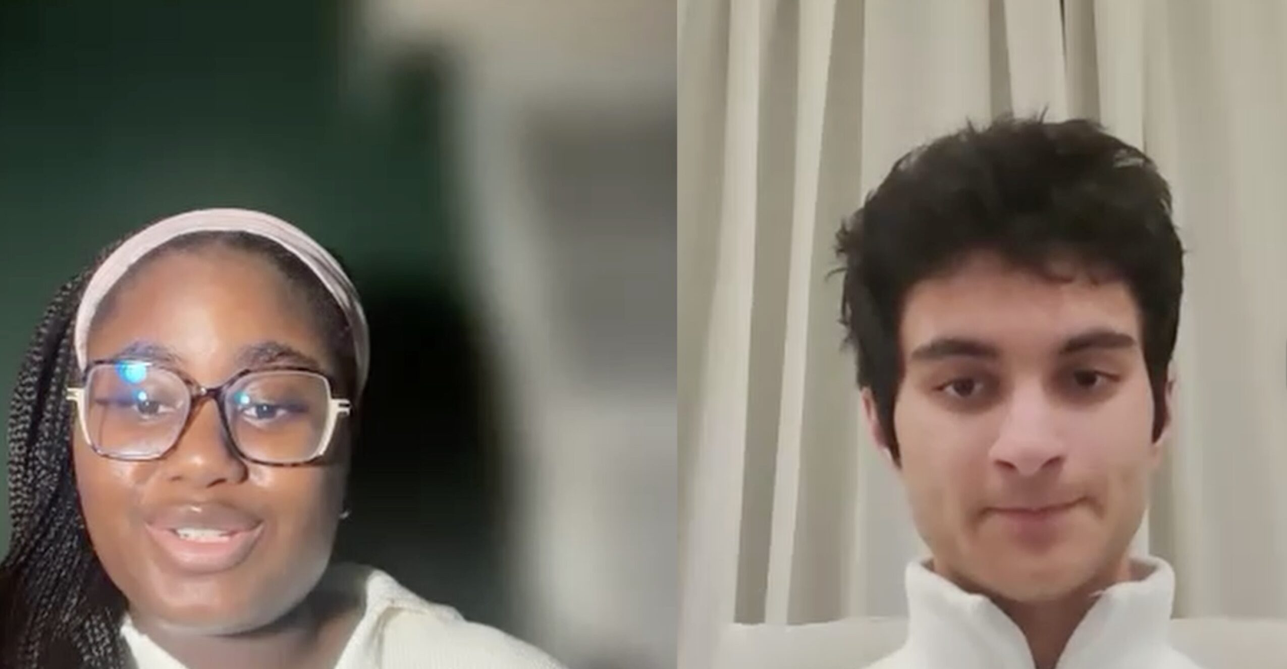 Two people, one with glasses and a headband, the other with curly hair, in a video call, smiling.