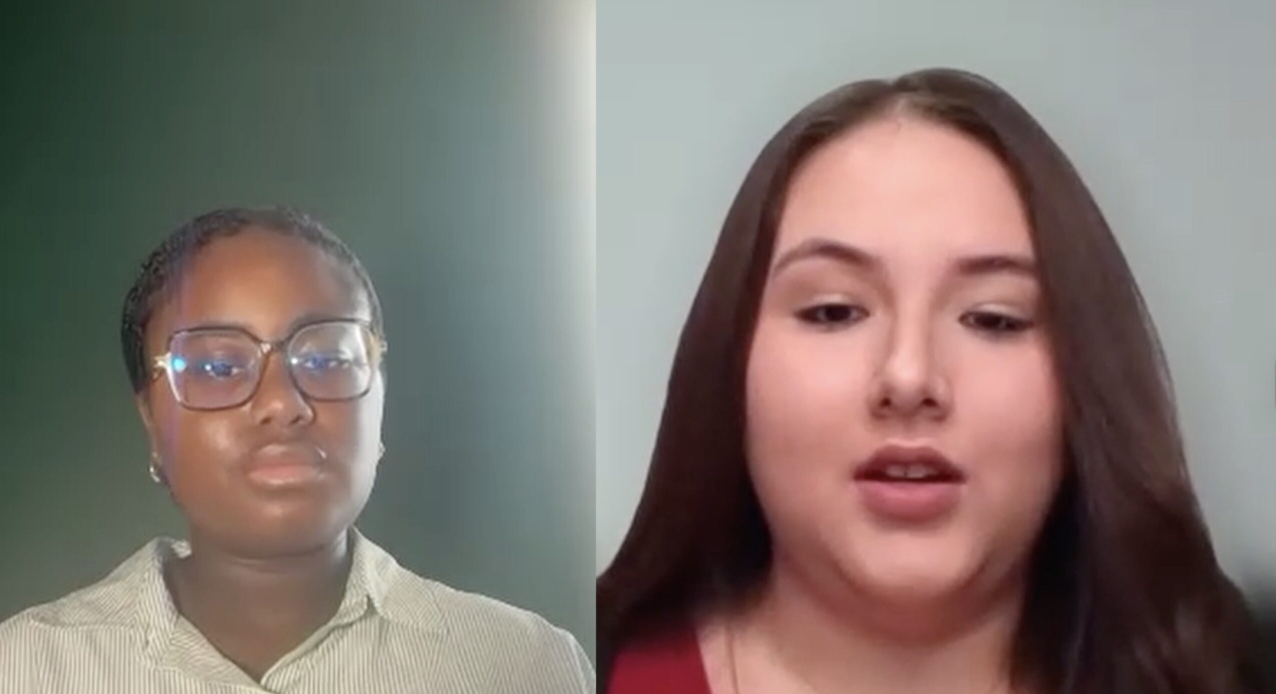 Two women with different backgrounds and hair styles, one wearing glasses, in a split-screen video call.