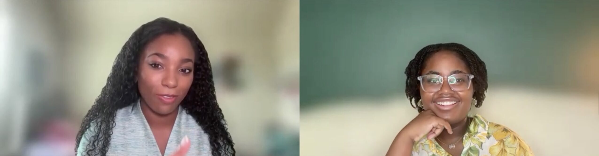 Two women smiling, one with long curly hair and the other with glasses and short hair, in indoor settings.