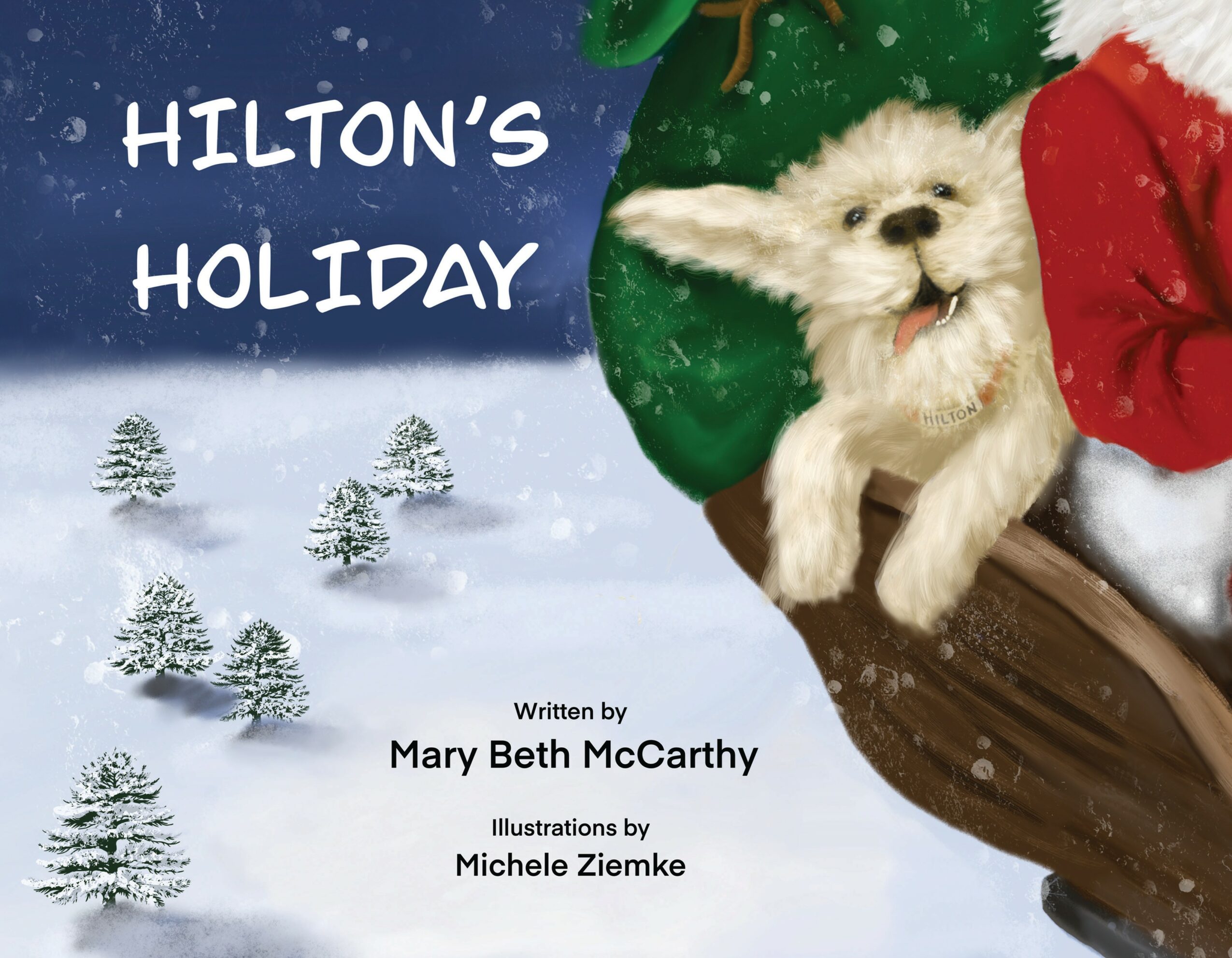 Children in holiday costumes with a dog on a sled, snowy landscape with trees, text about Hilton's holiday, author and illustrator names.