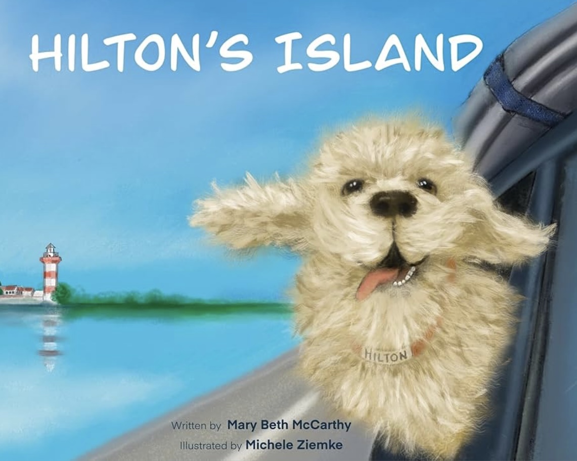 A fluffy dog sticking its head out of a window with a blue sky and lighthouse in the background.
