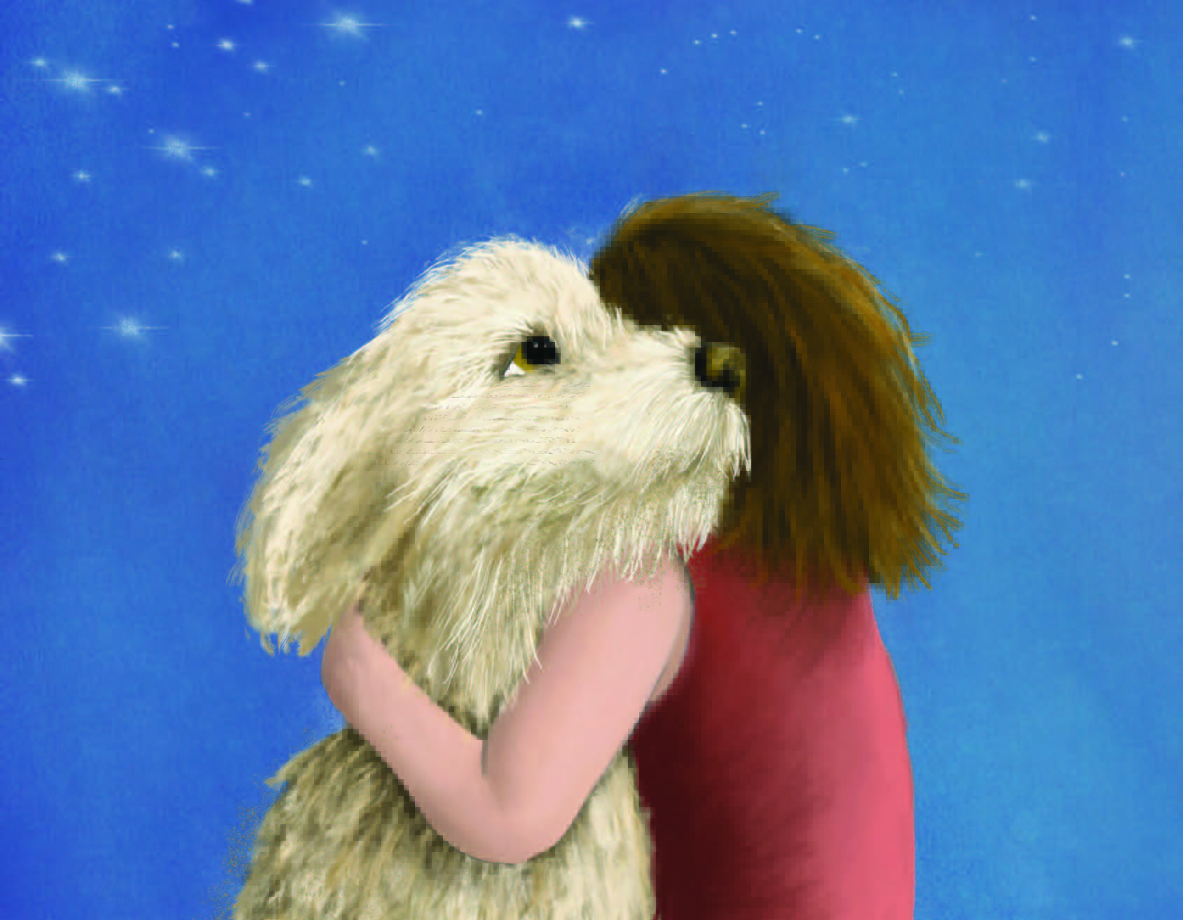 A girl hugging a large, fluffy dog against a starry blue background.