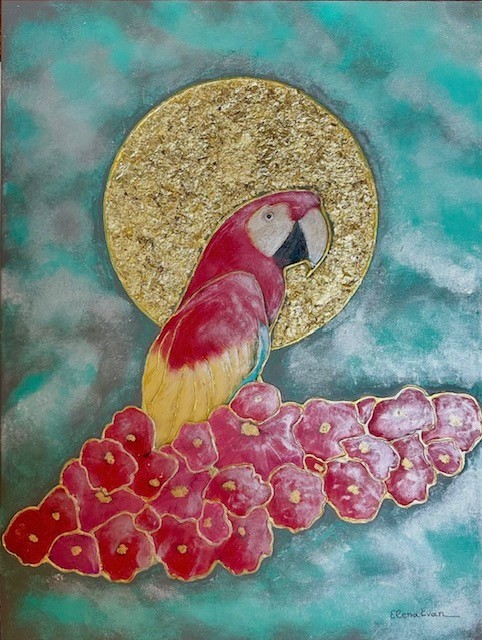 Pink and yellow parrot perched on pink flowers with a golden circular background and cloudy sky.