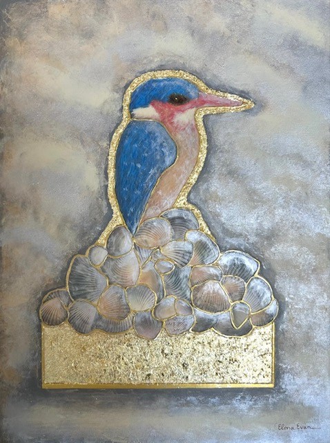 Painting of a kingfisher bird perched on a cluster of rocks with a textured background.