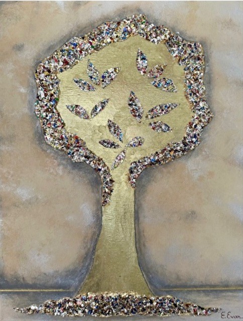 Tree with a trunk and branches made of small, shiny, multicolored materials, and leaves outlined with similar materials, on a neutral background.